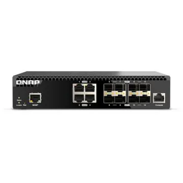 Switch QNAP QSW-M3212R-8S4T avec 12 ports 10GbE, 8 SFP+, 4 RJ45, rackable 1U, interface Web et ventilation intelligente