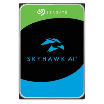 Disque dur Seagate SkyHawk AI - Vue de face avec étiquette bleue et logo de faucon stylisé, conçu pour l’IA et la vidéosurveillance