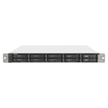 NAS QNAP TS-h1090FU-7232P-64G vue avant, 10 baies 2,5” U.2/SATA, châssis rack 1U compact