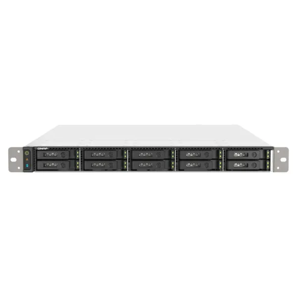NAS QNAP TS-h1090FU-7302P-128G vue avant, 10 baies U.2 NVMe ou SATA, format rack 1U, châssis tout-flash