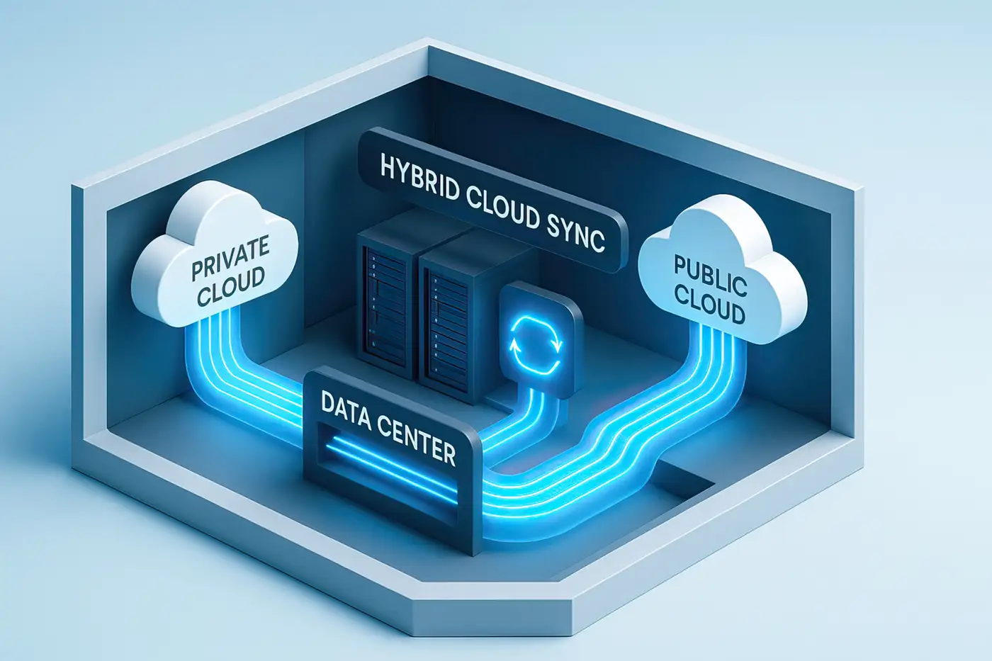 Schéma d’une architecture de cloud hybride reliant un data center à un cloud privé et un cloud public