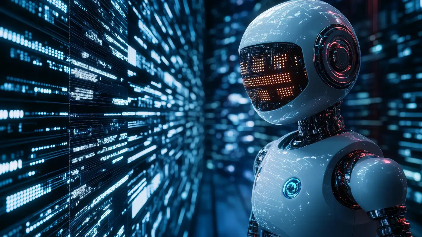 Robot IA symbolisant l’automatisation et l’avenir de la cybersécurité appliquée à la sauvegarde immuable